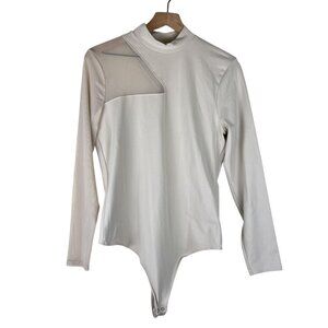 Abercrombie & Fitch Cream Long Sleeve Asymmetrical Mesh Bodysuit